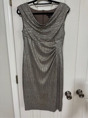 Connected Apparel Metallic Pewter Grecian Drape Neck Midi Dress